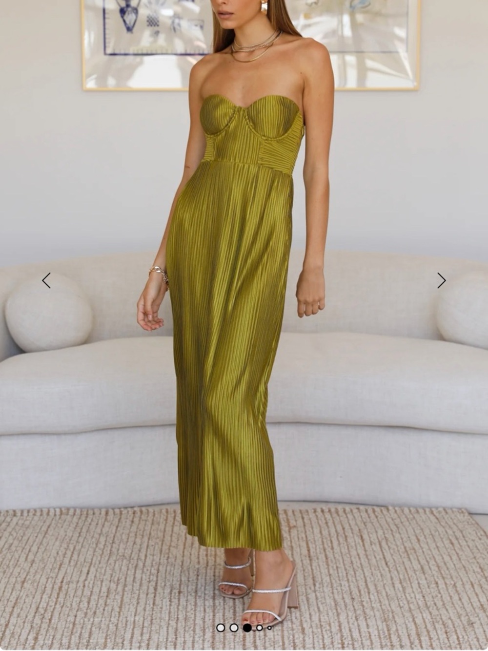 Hello Molly Olive Green Strapless Pleated Midi Dress - Picture 3 of 7